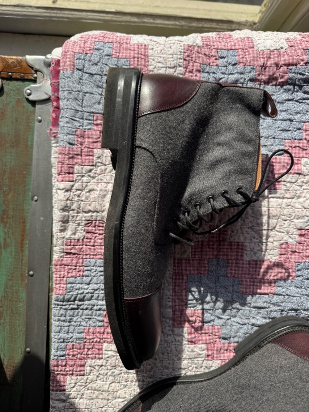 Taft Gray Wool and Burgundy Leather Cap-Toe Chukka Boots - Picture 2 of 10